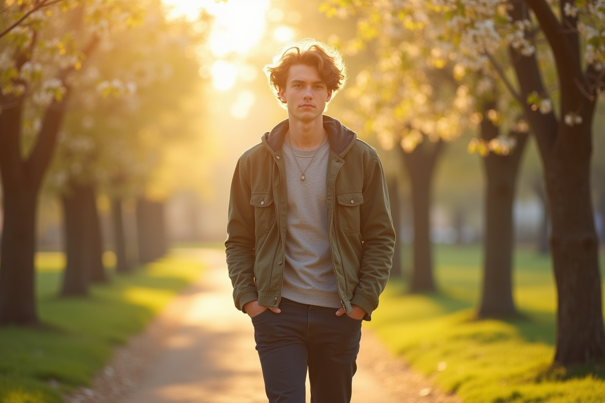 Jeune homme marchant dans un parc ensoleille au printemps