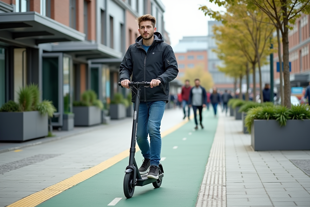 Jeune homme roulant en scooter électrique dans une place urbaine dynamique