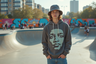 Jeune homme en streetwear dans un skatepark urbain dynamique