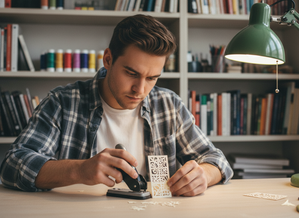 Jeune homme coupant un marque-page en papier avec un punch