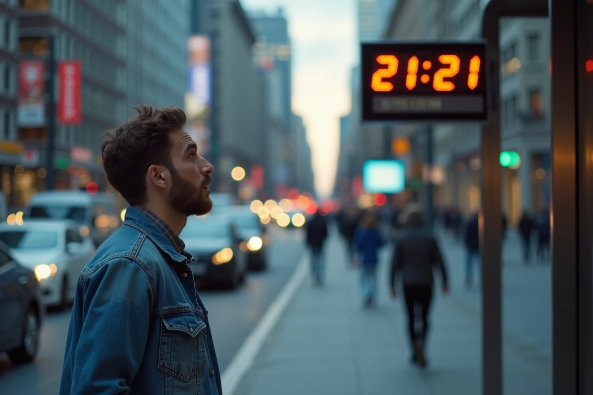 Jeune homme surpris regardant une horloge dans la ville
