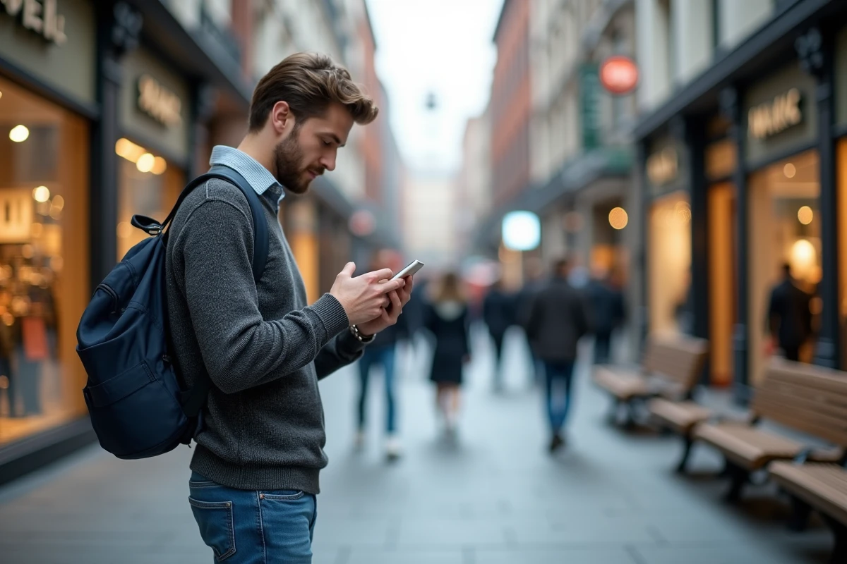 Jeune homme vérifiant ses finances en ville