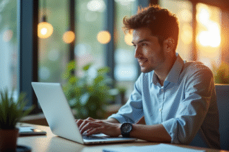 Jeune professionnel utilisant un ordinateur portable dans un bureau lumineux