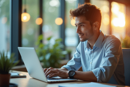 Jeune professionnel utilisant un ordinateur portable dans un bureau lumineux