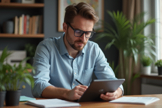 Jeune homme professionnel utilisant une tablette Windows dans un bureau cosy