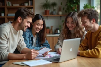 Quatre jeunes adultes créant un budget ensemble dans un appartement