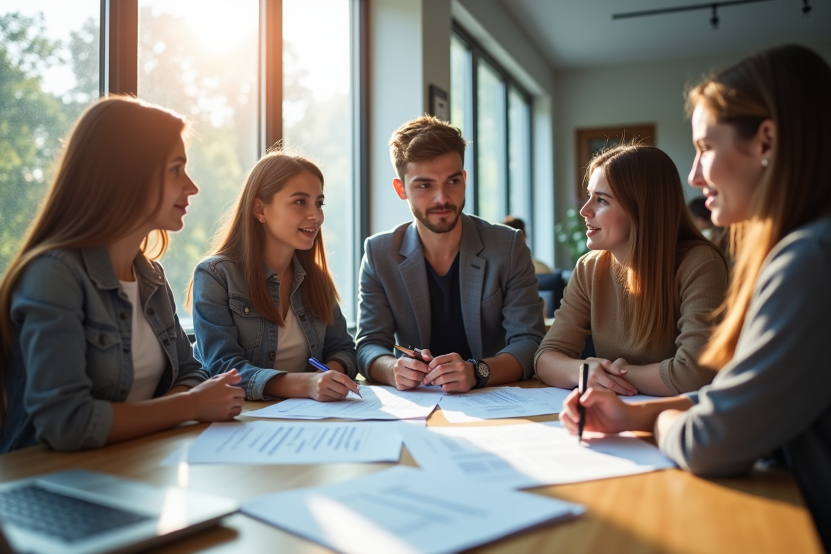Groupe de jeunes discutant avec un conseiller à un bureau lumineux