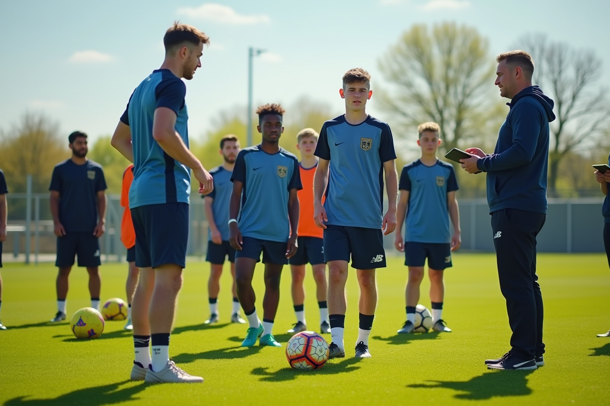 Groupe de jeunes footballeurs en test pour Dunkerque sur un terrain vert ensoleille