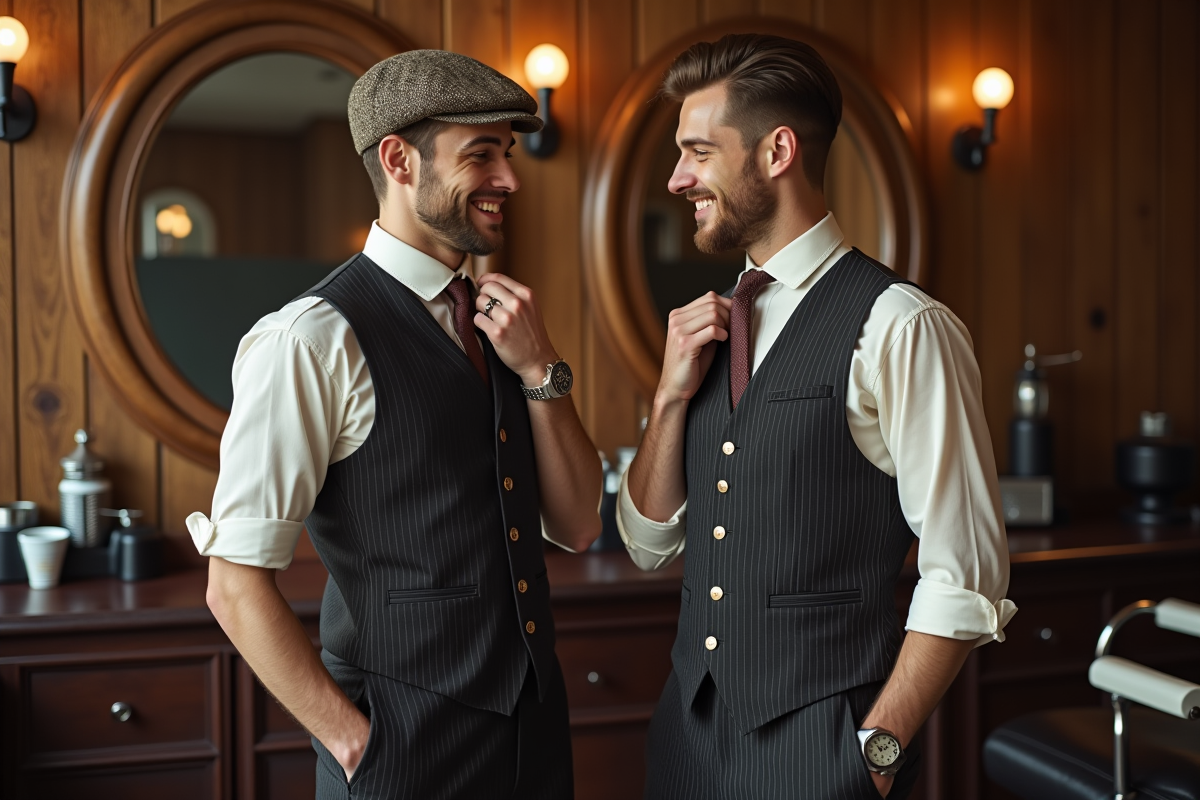 Deux jeunes hommes en tenue vintage dans un barbershop