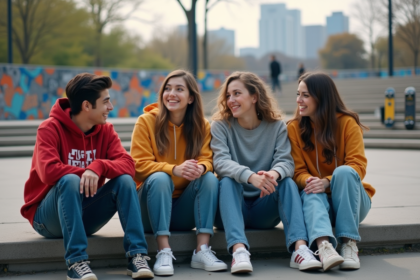 Groupe de jeunes adultes dans un parc urbain en streetwear