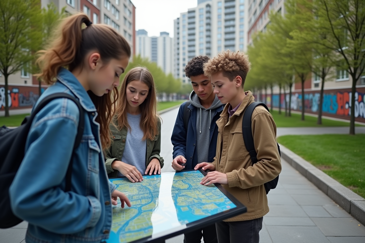 Jeunes regardant carte interactive dans parc