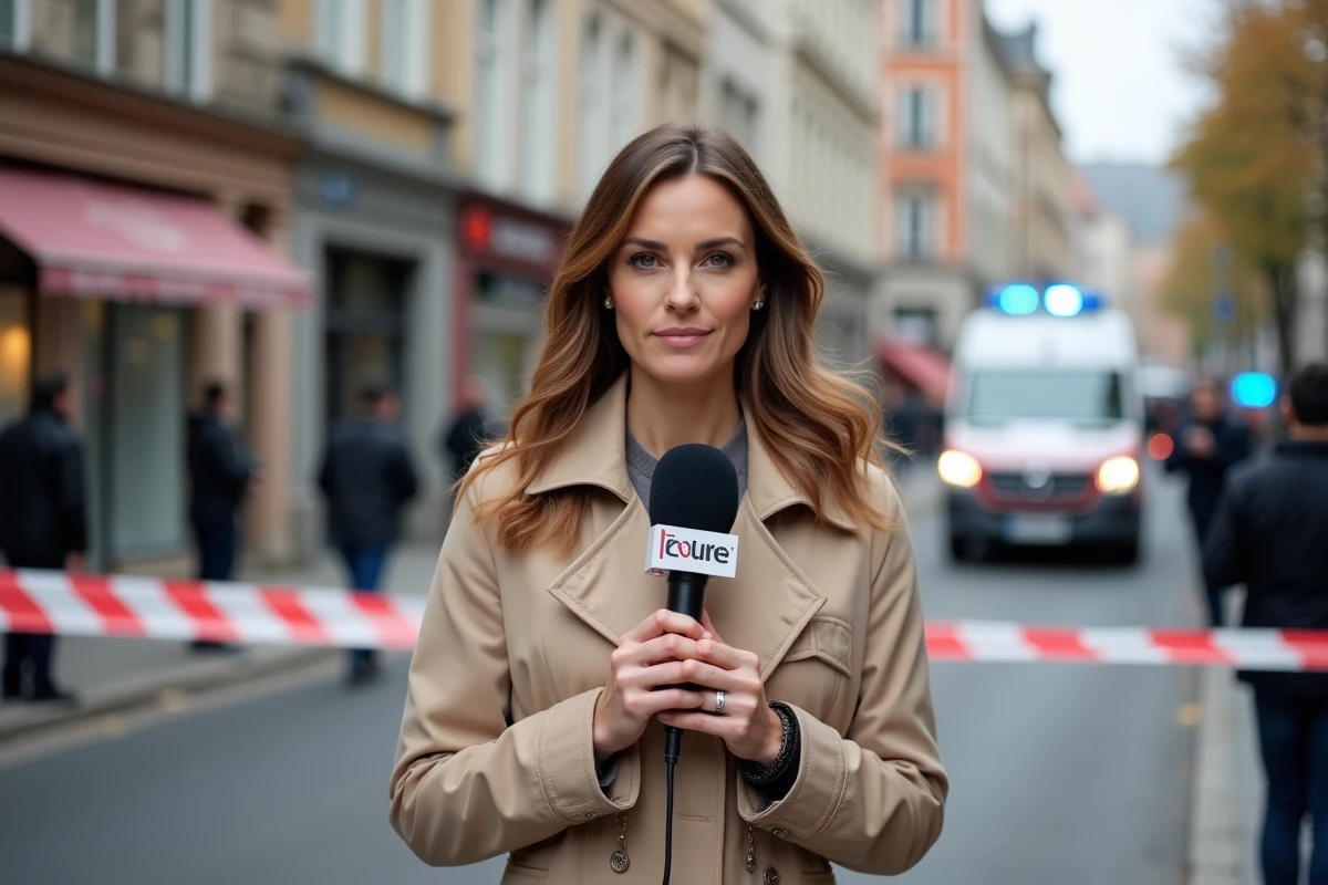 Journaliste française en direct devant un cordon de sécurité de la police à Toulouse lors d'un accident de la route