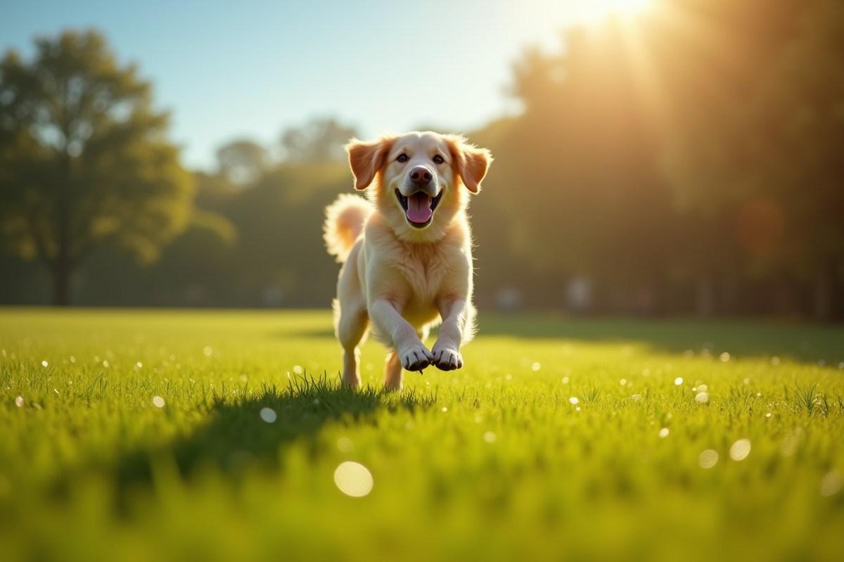 Labrador courant dans un parc vert au matin ensoleille