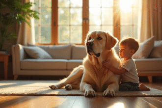 Labrador à poil long assis dans un salon lumineux avec un enfant