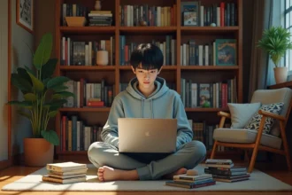 Jeune homme assis entouré de mangas comparant PhenixScans et sites officiels sur son ordinateur portable
