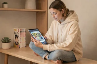 Jeune femme lisant du manga en ligne sur une tablette avec interface de lecture numérique japonaise visible