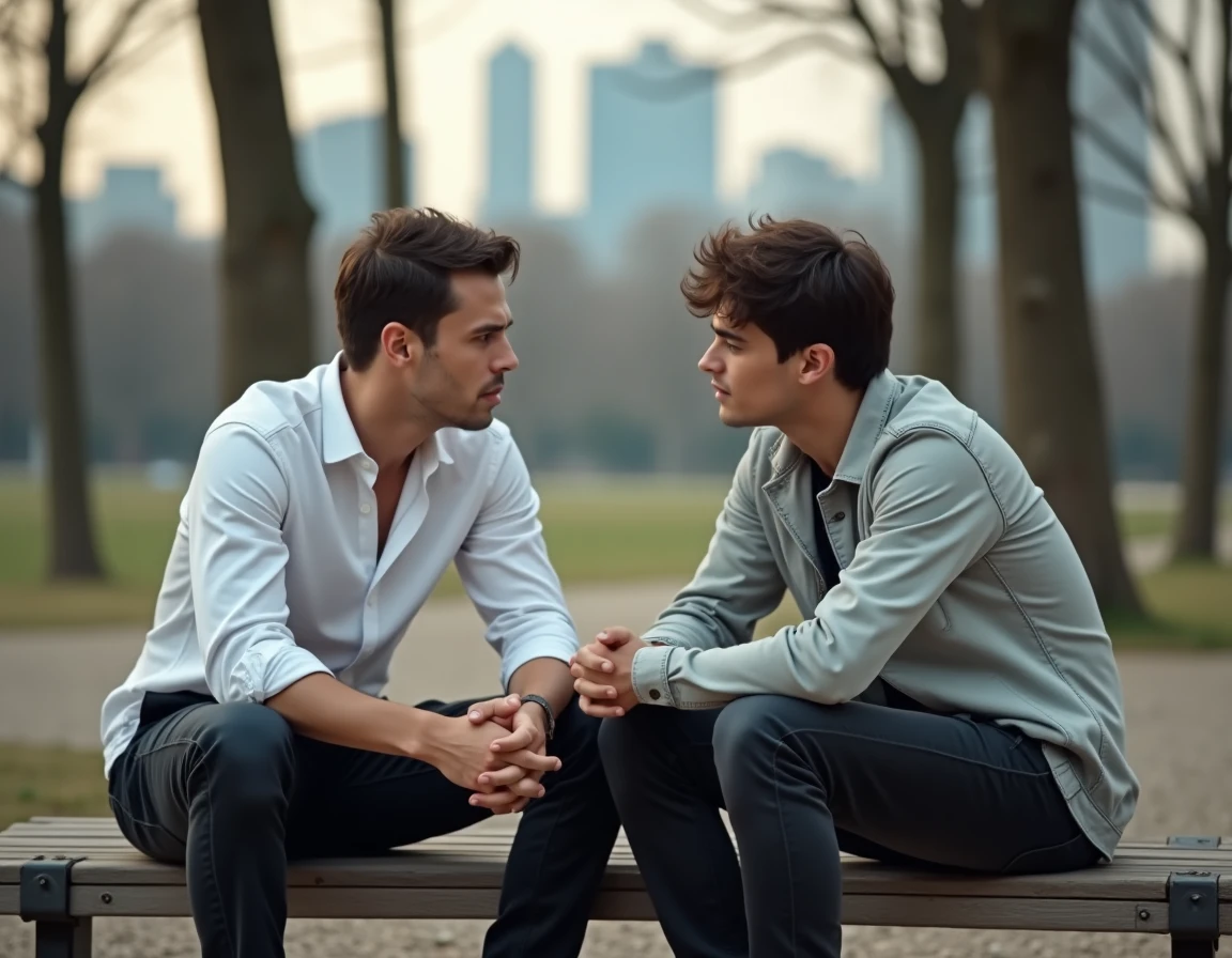 Deux jeunes hommes en conversation intense sur un banc de parc urbain, représentant les liens d'amitié et de rivalité au cœur de l'univers Hunter x Hunter autour du personnage Leorio