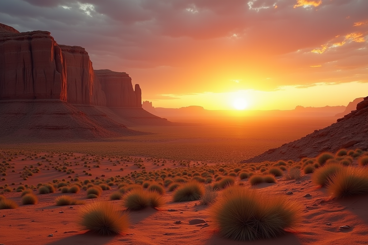 Lever de soleil illuminant rochers et végétation dans le Gobi