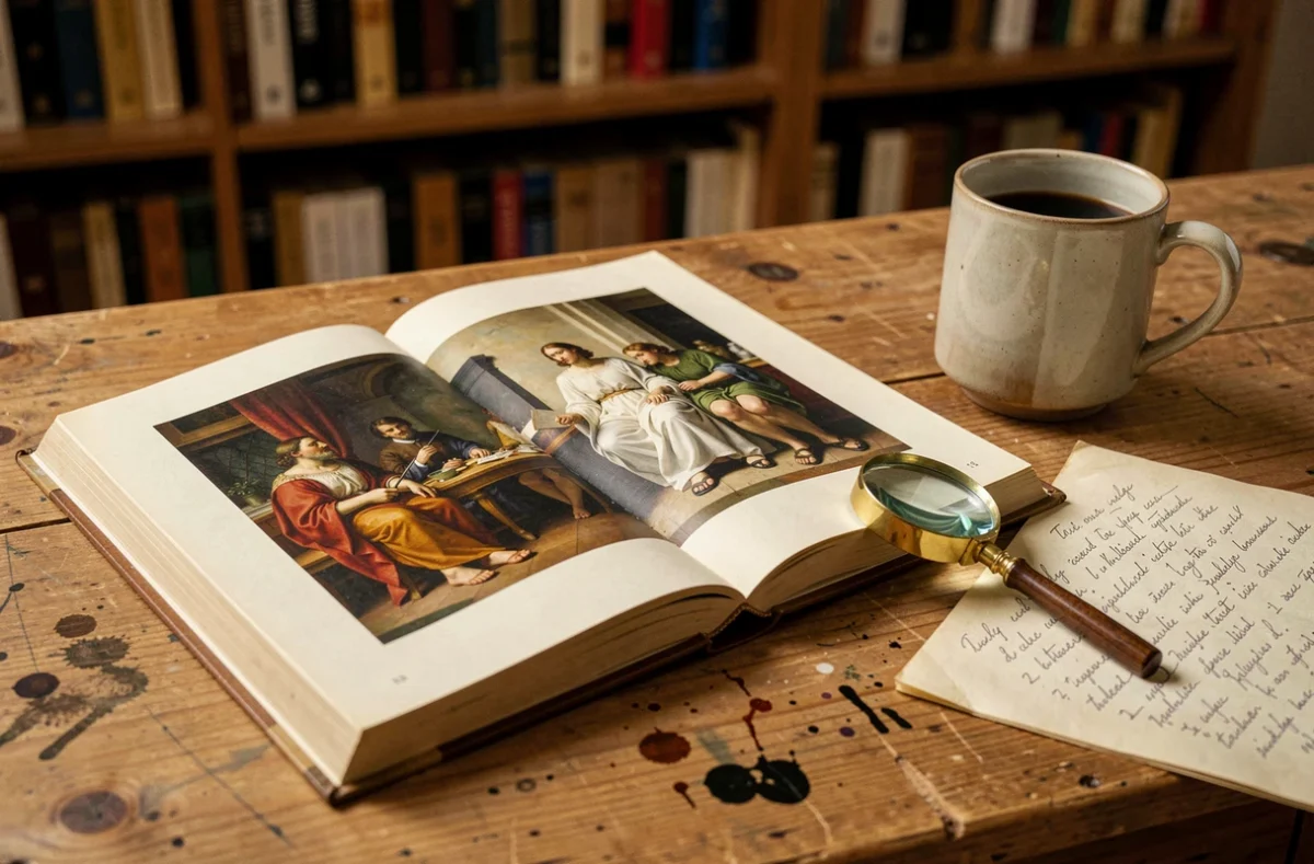 Livre d'histoire de l'art ouvert sur une reproduction de peinture Renaissance avec loupe et notes manuscrites sur un bureau en chêne