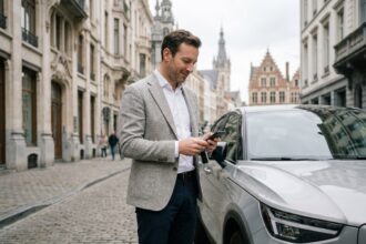Homme d'affaires en veste grise récupérant une voiture de location devant des façades Art Nouveau à Bruxelles