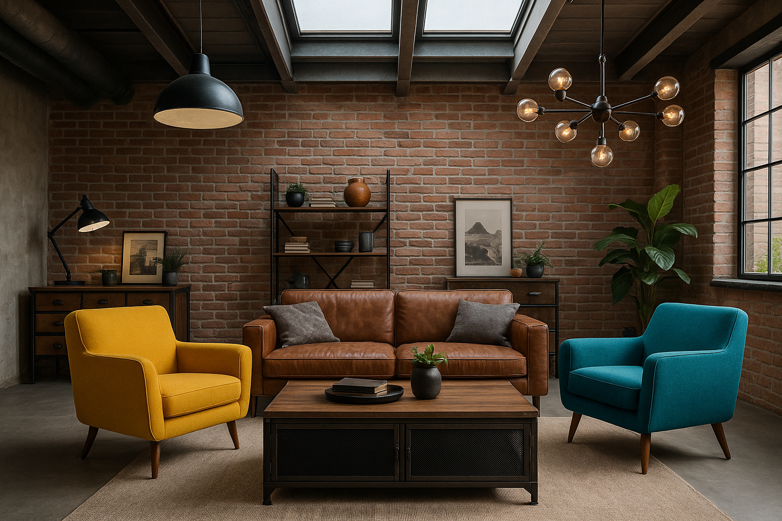 Intérieur loft industriel avec mobilier vintage et éclairage design
