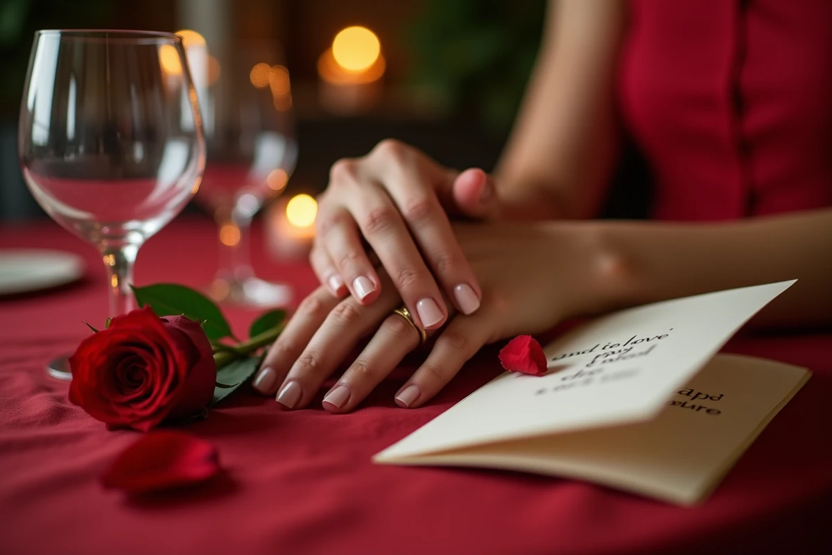 Mains enlacées d'un couple sur une table dressée avec une carte de Saint-Valentin et une rose rouge