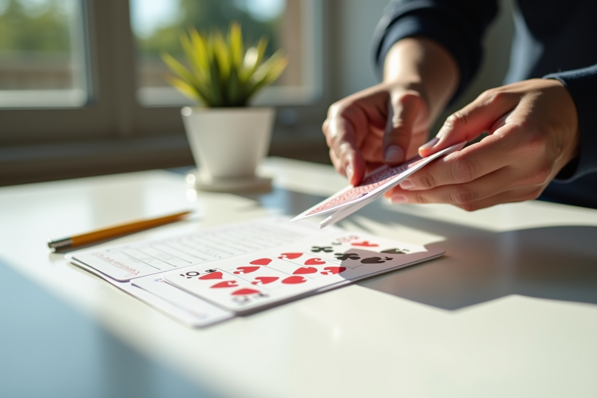 Mains mélangeant un paquet de cartes Crapette sur une table blanche