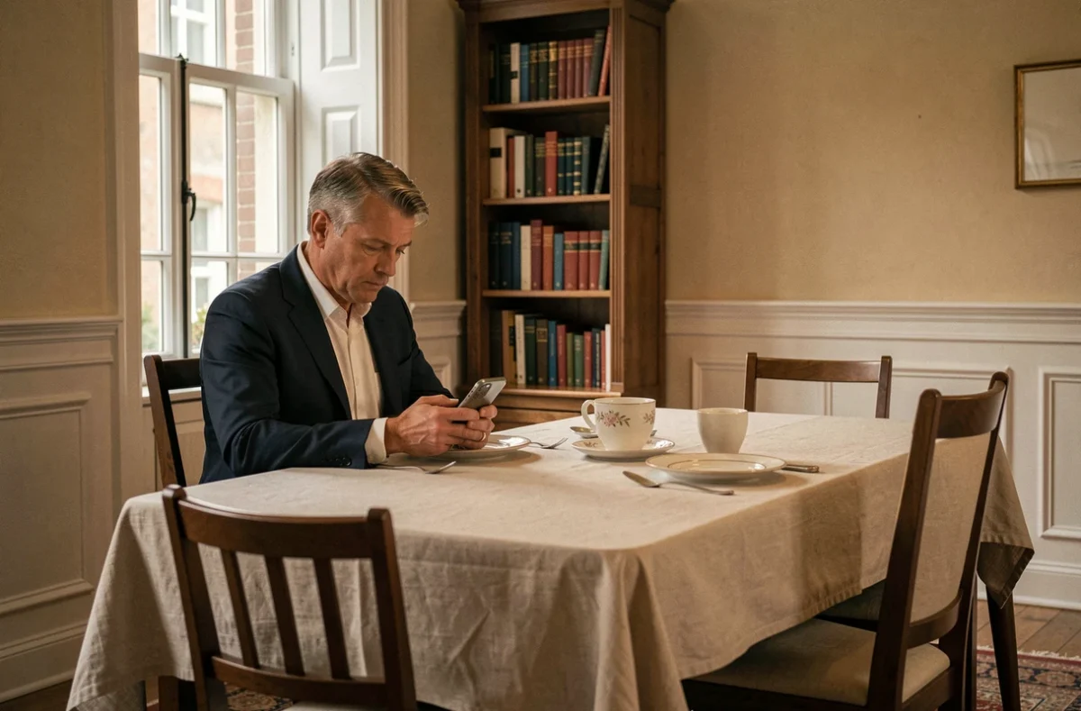 Homme en costume assis seul à une table dressée pour deux, illustrant la manipulation émotionnelle par l'absence et le silence