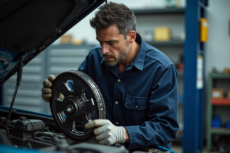 Mécanicien homme en bleu travaillant sur un volant moteur