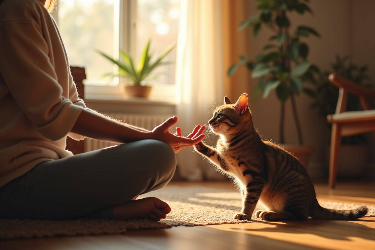 Personne meditant avec un chat dans un salon chaleureux