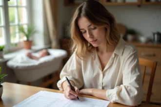 Jeune mère en congé maternité remplissant des documents administratifs à la maison avec son nouveau-né en arrière-plan