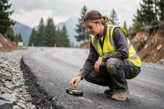 Ingénieure en génie civil mesurant la pente d'une route en chantier avec un instrument de mesure sur une surface asphaltée inclinée