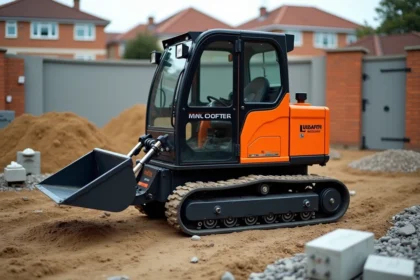 Mini dumper à chenilles sur un chantier de construction résidentiel en 2026, entouré de gravats et de terre excavée