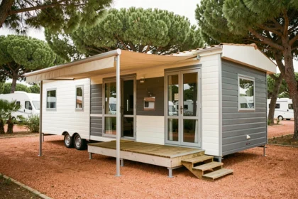 Mobil-home français moderne installé dans un camping provençal entouré de pins, vue extérieure grand angle