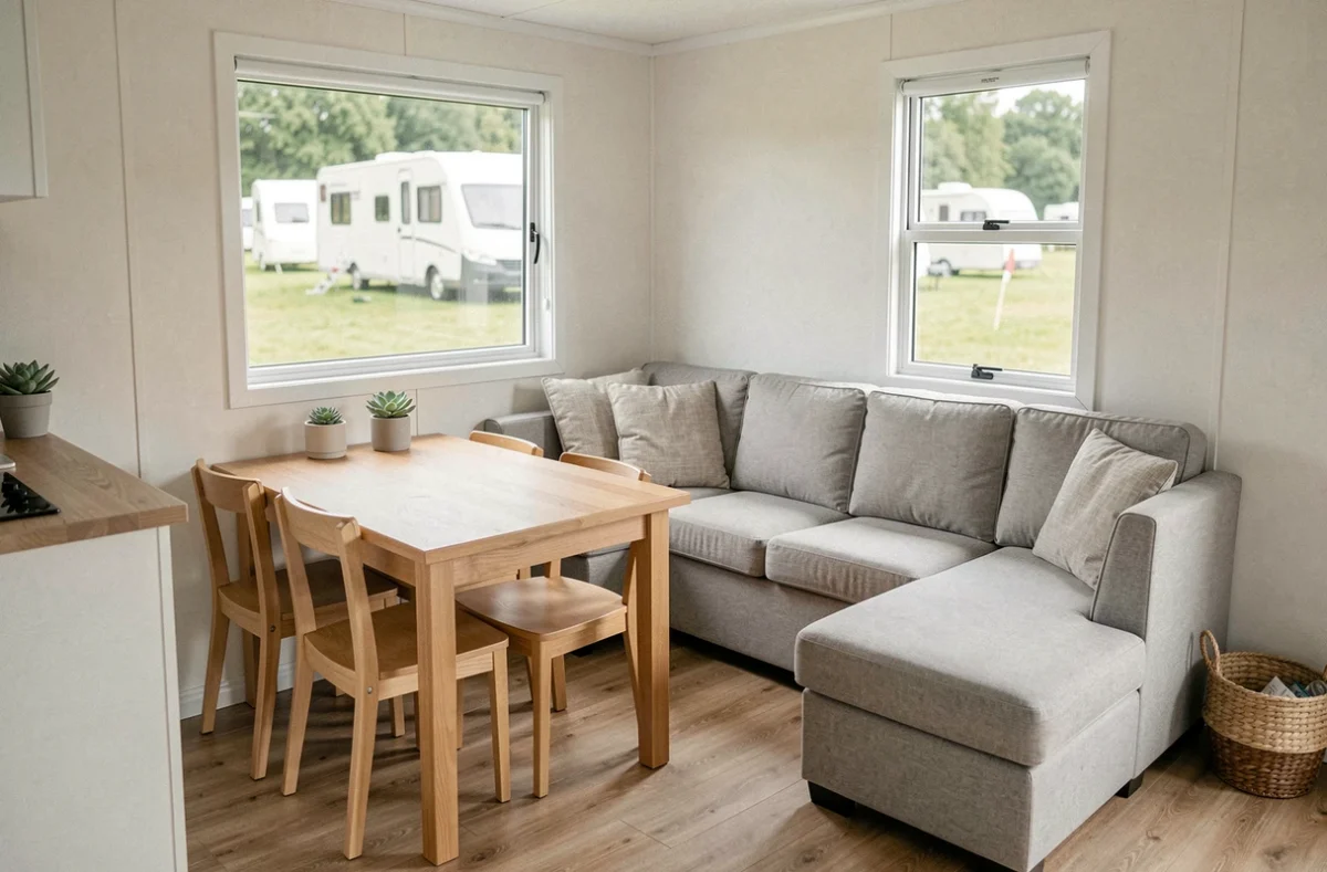 Intérieur cosy d'un mobil-home français avec salon aménagé, grandes fenêtres et finitions bois claires