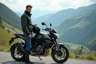 Motard avec casque et veste en moto sur route de montagne