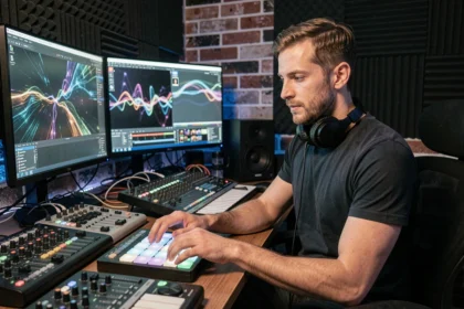 Musicien VJ dans son studio home avec contrôleurs MIDI et visuels génératifs sur écrans
