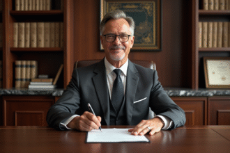 Notaire d age moyen signant un document officiel dans son bureau