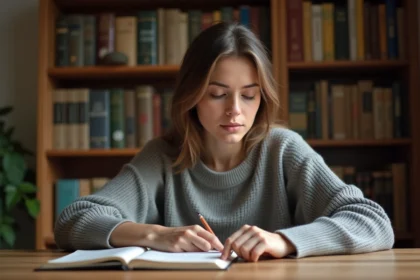 Femme étudiant la grammaire française avec un livre ouvert et des notes manuscrites sur un bureau en bois