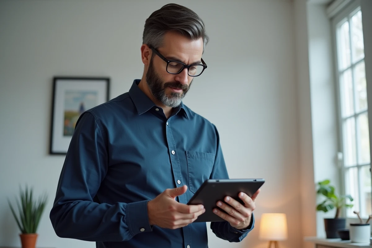 Homme vérifiant les paramètres de confidentialité sur une tablette dans un bureau minimaliste
