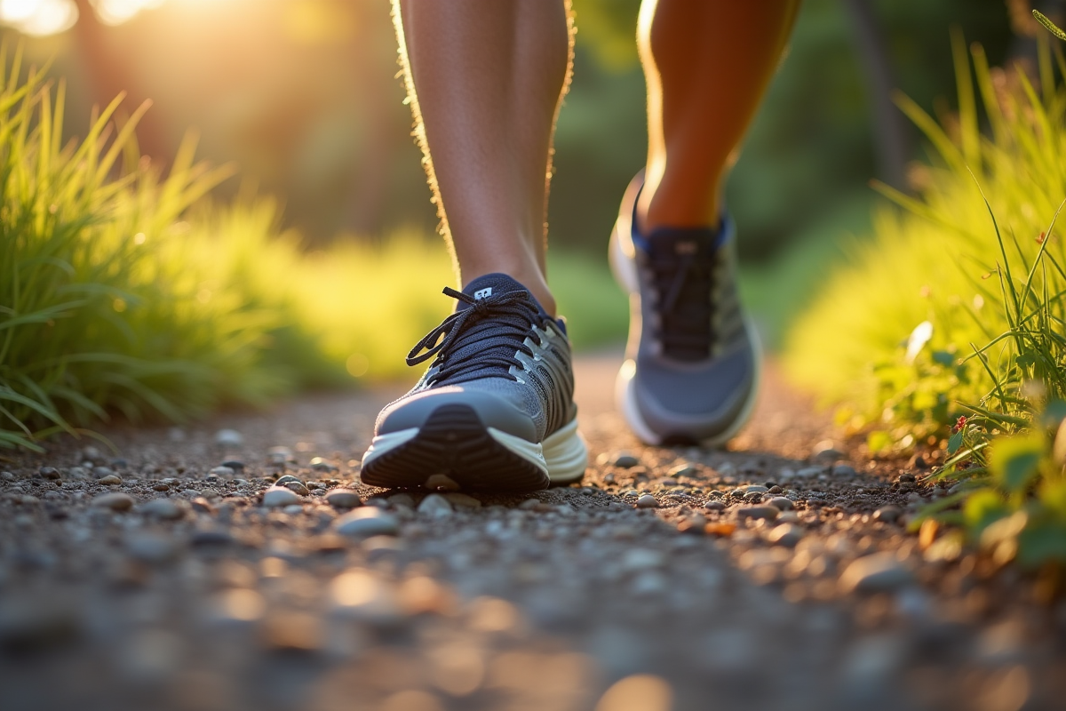 Pas de personnes en sneakers sur un sentier en plein air