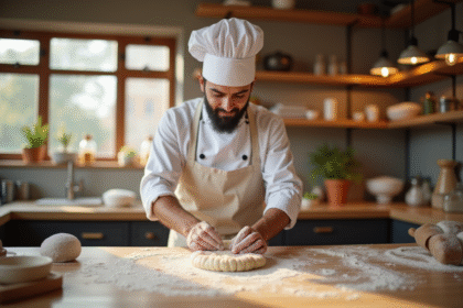 Pâtissier dans une boulangerie moderne ensoleillée