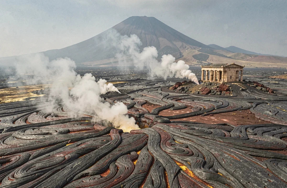 Paysage volcanique grec avec ruines de temple dorique antique et fumerolles évoquant la puissance des dieux du feu