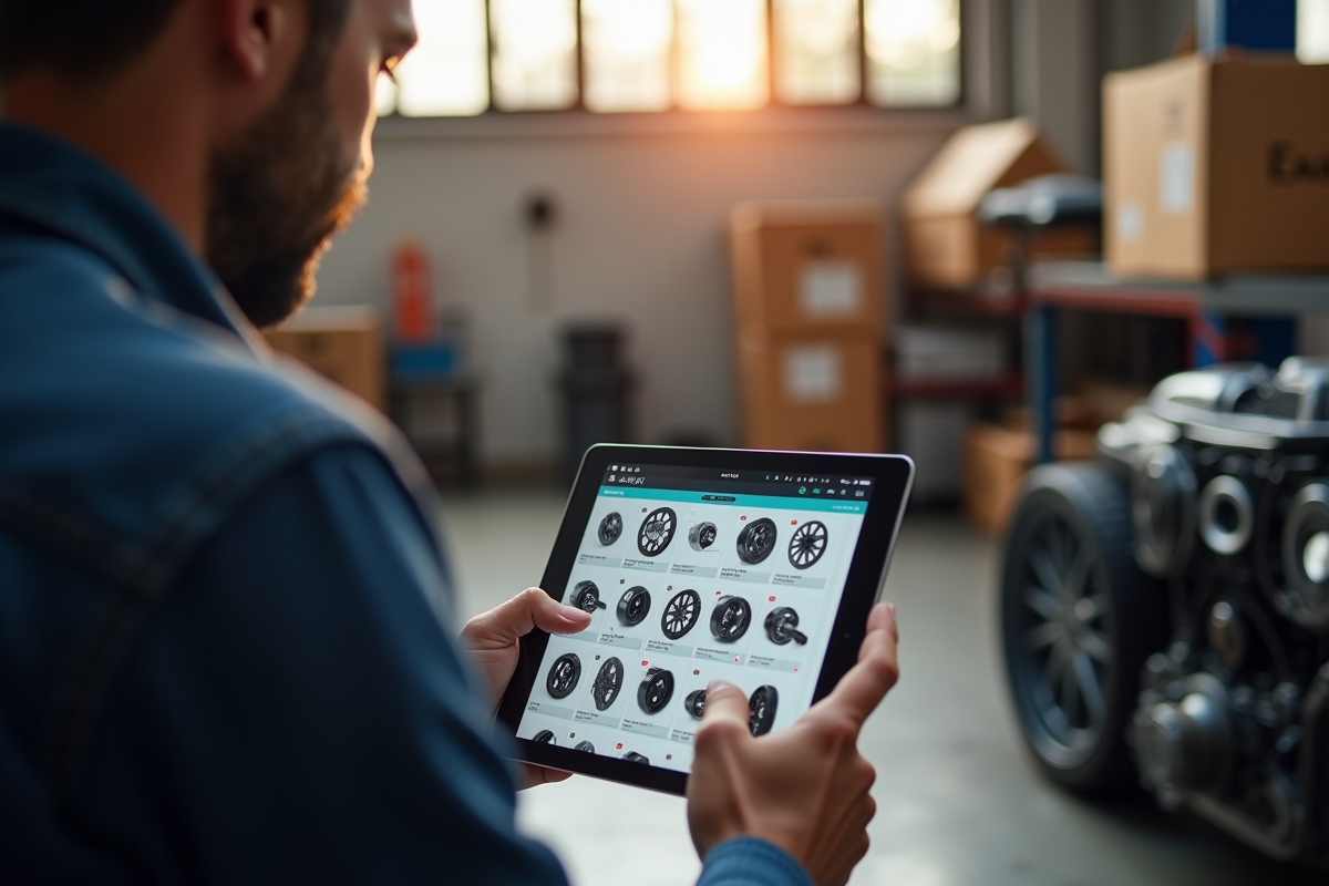 Personne consultant un catalogue de pièces auto sur une tablette
