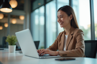 Personne souriante utilisant un ordinateur portable dans un bureau lumineux