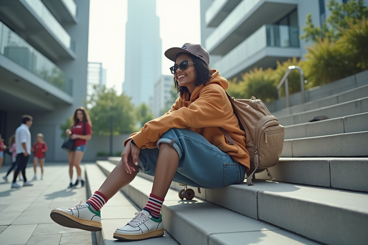 Personne assise avec skateboard dans un espace urbain lumineux