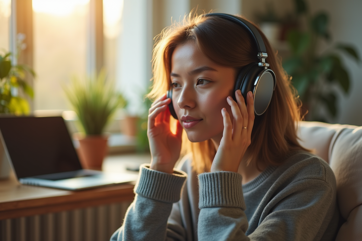 Personne testant un casque Bluetooth dans un salon lumineux