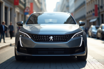 Voiture Peugeot 308 futuriste en ville lumineuse