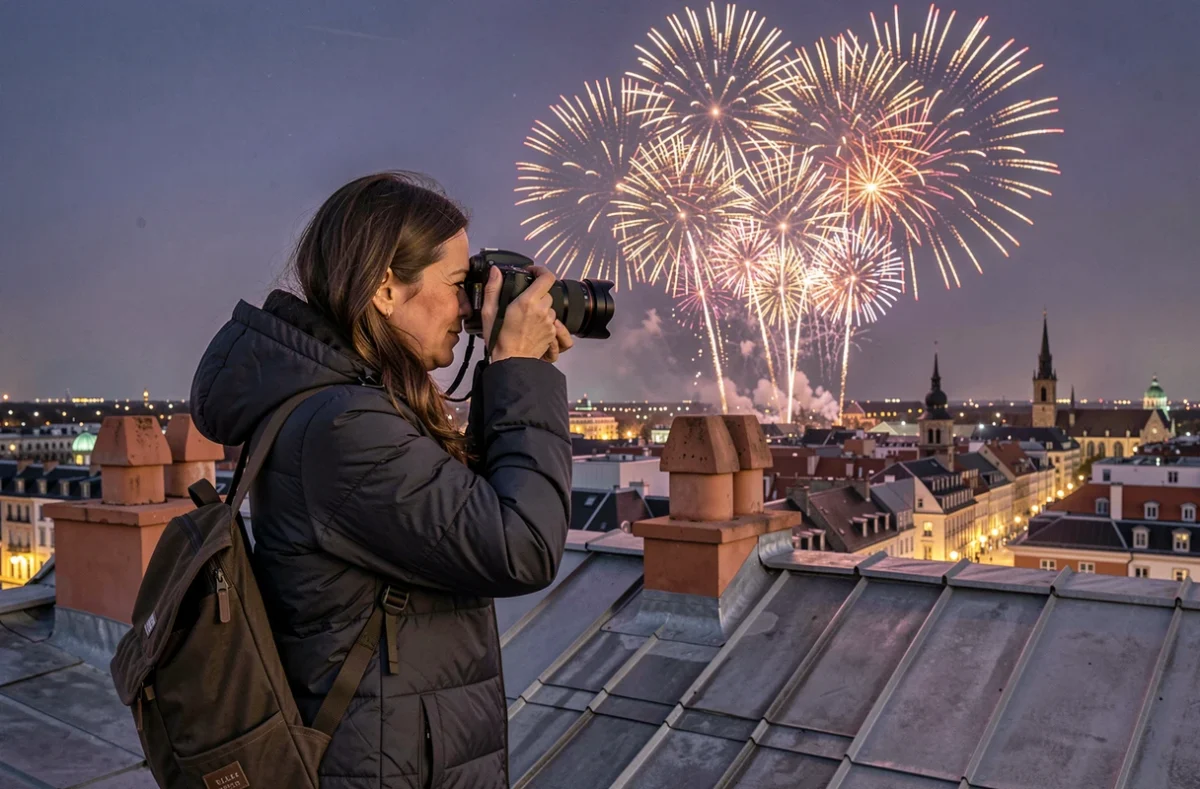 Photographe professionnelle sur un toit de Lille capturant les feux d'artifice 2026 avec la skyline en arrière-plan