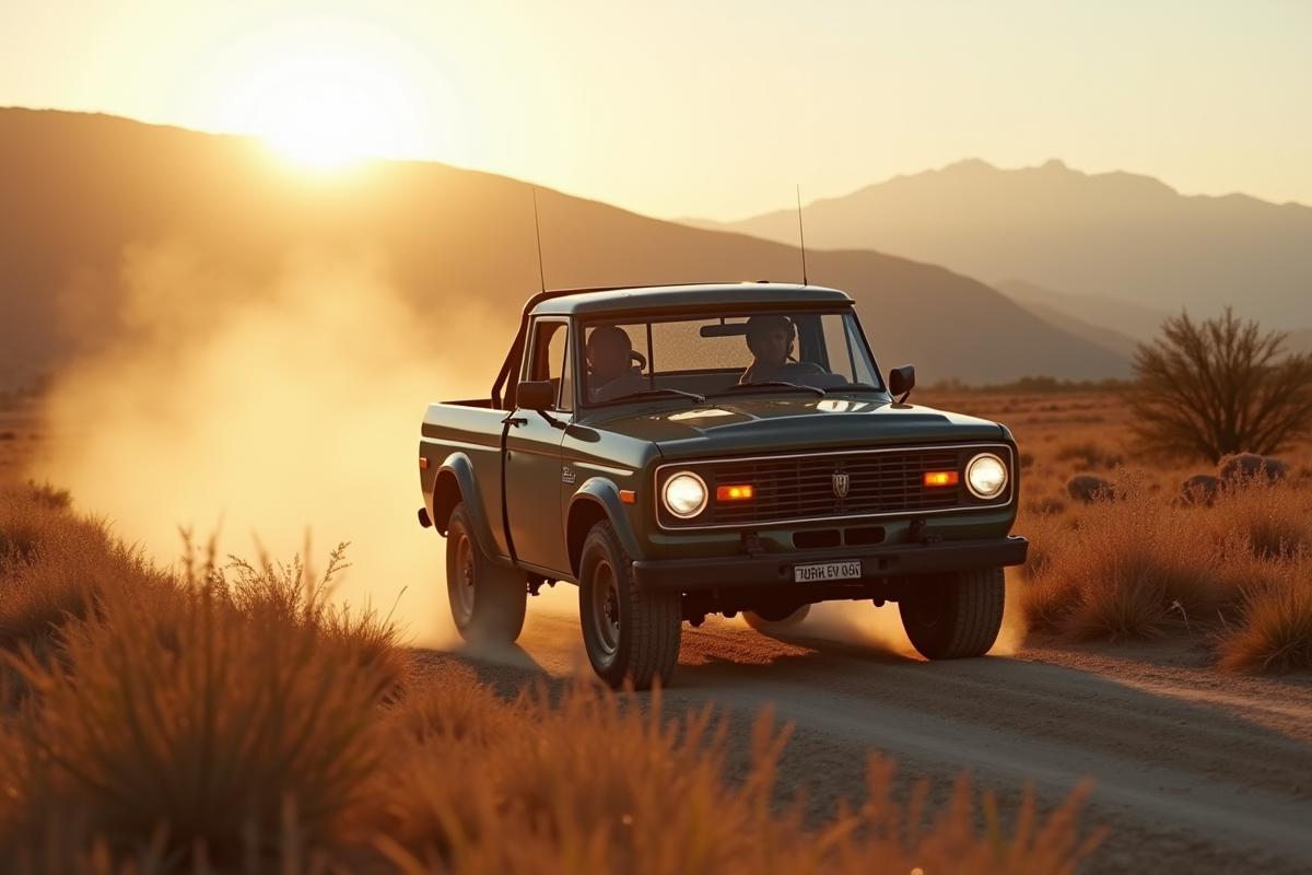 Pickup robuste en pleine aventure sur chemin de terre en campagne